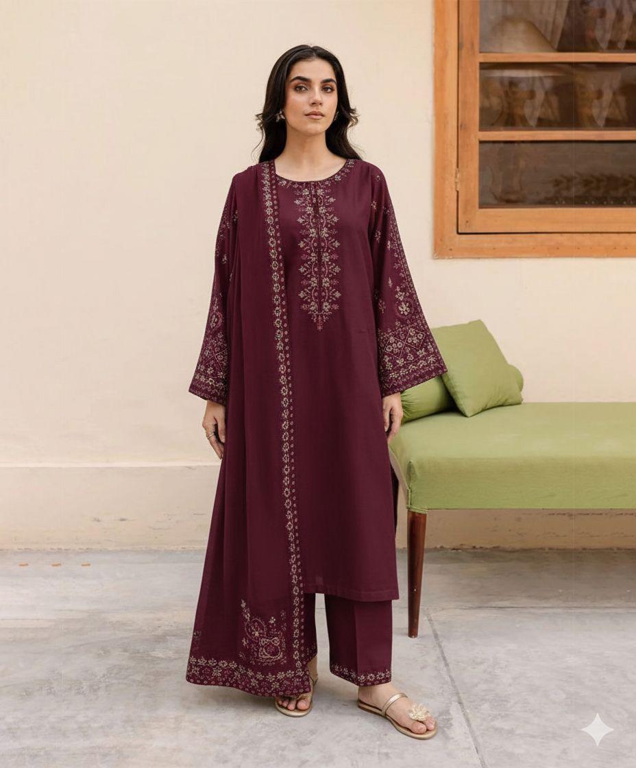 Maroon Embroidered 3-Piece Lawn Suit