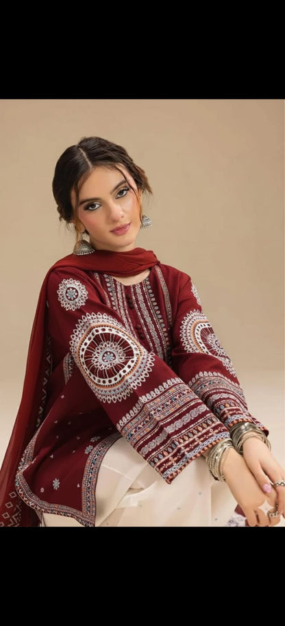 Ruby Heritage - Maroon & Ivory Embroidered Lawn 3-Piece