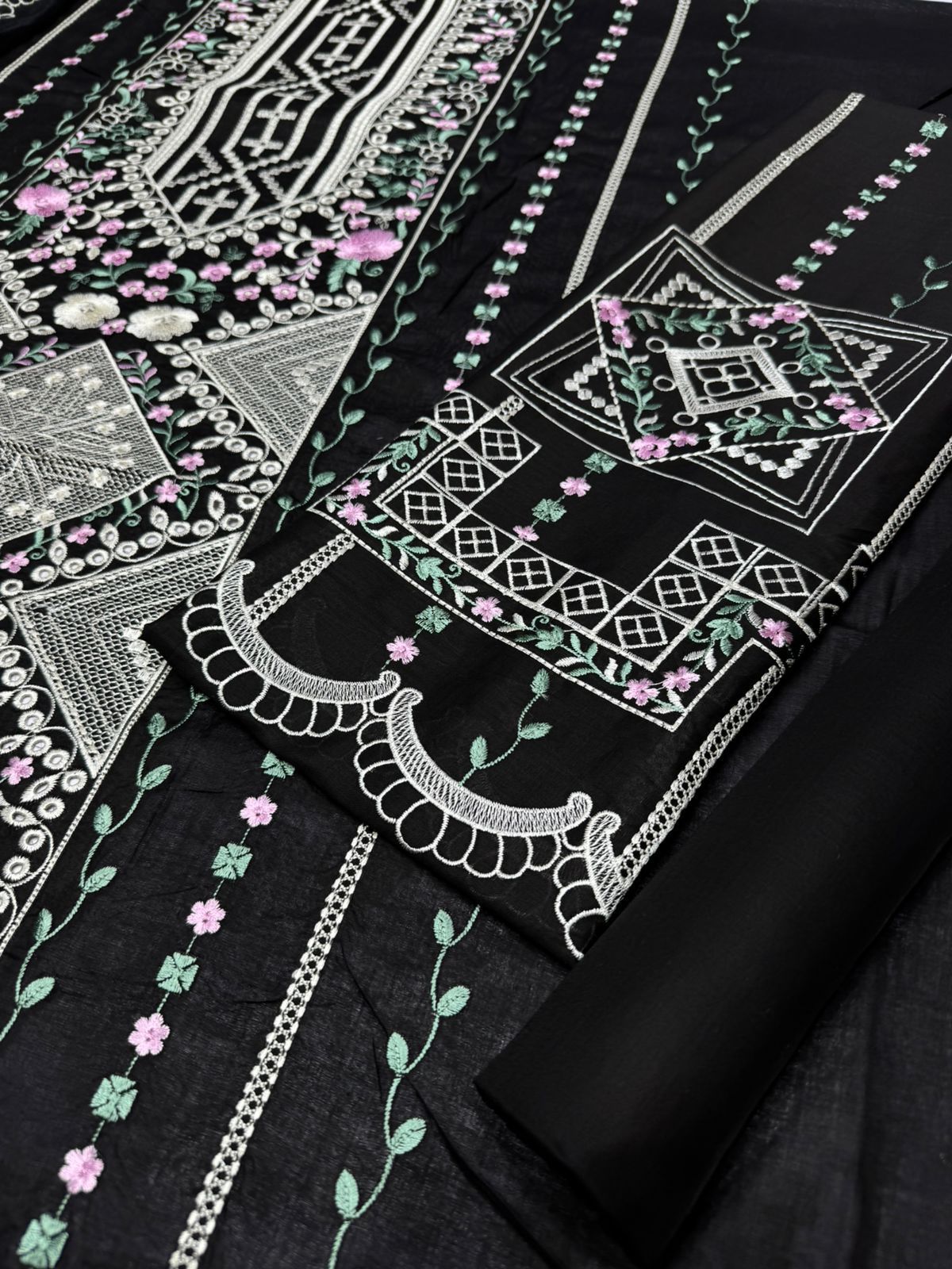 Royal Black Embroidered 3-Piece | Cutwork Lace